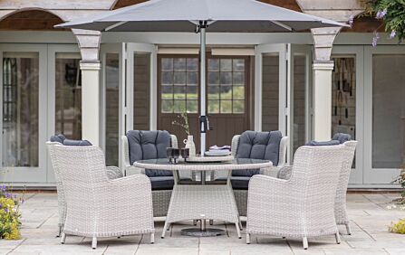 Bramblecrest Chedworth 6 Seat Round Dining Set with Lazy Susan, Parasol & Base - Dove Grey