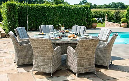 Maze Oxford Round 8 Seat Dining Set with Venice Chairs, firepit and Lazy Susan. Maze Oxford Round 8 Seat Dining Set with Venice Chairs, firepit and Lazy Susan.