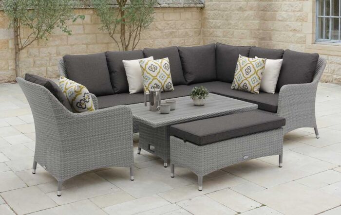 Bramblecrest Tetbury Rattan L-Shape Sofa with Rectangle Adjustable Tree-Free Table, Bench & Chair - Graphite