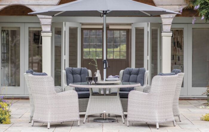 Bramblecrest Chedworth 6 Seat Round Dining Set with Lazy Susan, Parasol & Base - Dove Grey