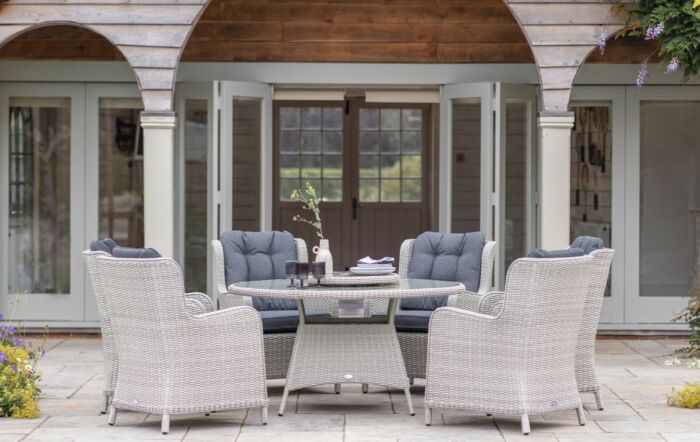 Bramblecrest Chedworth 6 Seat Round Dining Set with Lazy Susan, Parasol & Base - Dove Grey