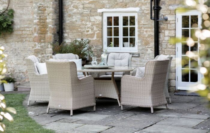 Bramblecrest Chedworth Rattan 6 Seat Round Dining Set with Lazy Susan, Parasol and Base - Sandstone Bramblecrest Chedworth Rattan 6 Seat Round Dining Set with Lazy Susan, Parasol and Base - Sandstone