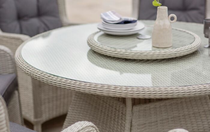 Bramblecrest Chedworth 6 Seat Round Dining Set with Lazy Susan, Parasol & Base - Dove Grey