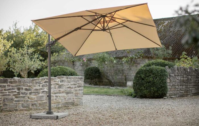 Bramblecrest Lichfield Sand 2.7m Square Side Post Parasol with Granite Base & Protective Cover Bramblecrest Lichfield Sand 2.7m Square Side Post Parasol with Granite Base & Protective Cover