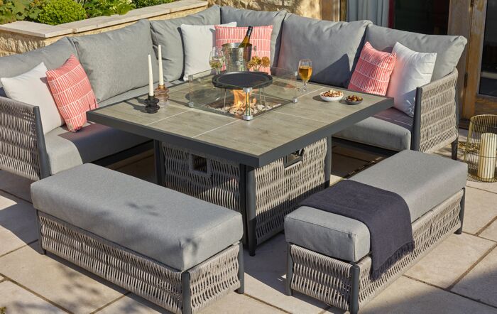 Bramblecrest Mauritius Grey Outdoor Corner Sofa Set with Firepit Table