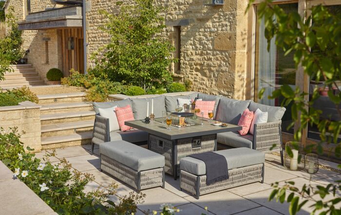 Bramblecrest Mauritius Grey Outdoor Corner Sofa Set with Firepit Table
