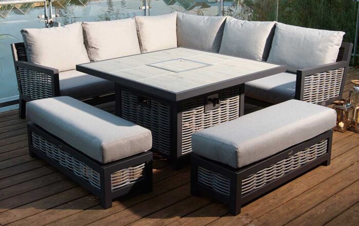 Bramblecrest Portofino Square Corner Outdoor Firepit Set with Ceramic Table - Grey