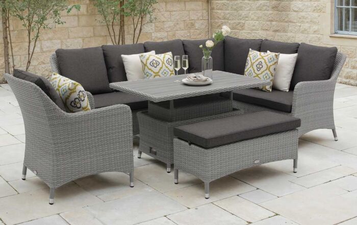 Bramblecrest Tetbury Rattan L-Shape Sofa with Rectangle Adjustable Tree-Free Table, Bench & Chair - Graphite