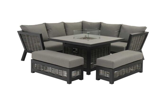 Bramblecrest Tuscan Corner Sofa Outdoor Set with Firepit Table - Grey