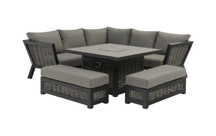 Bramblecrest Tuscan Corner Sofa Outdoor Set with Firepit Table - Grey