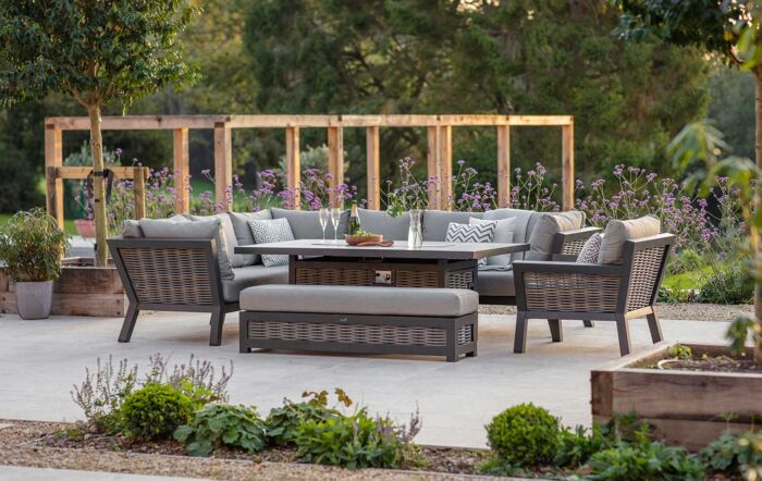 Bramblecrest Tuscan Large L-Shape Sofa with Rectangle Firepit Table, Bench & Chair - Grey