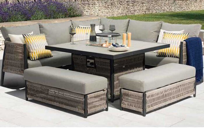 Bramblecrest Mauritius Grey Outdoor Corner Sofa Set with Firepit Table