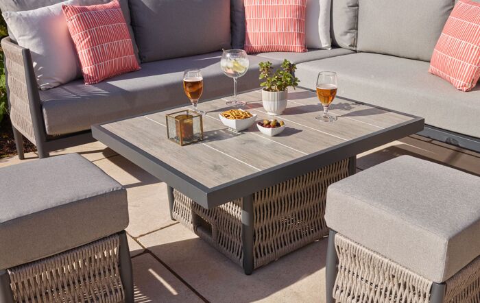 Bramblecrest Mauritius Small Corner Garden Sofa with Mini Adjustable Table - Eco Cobble