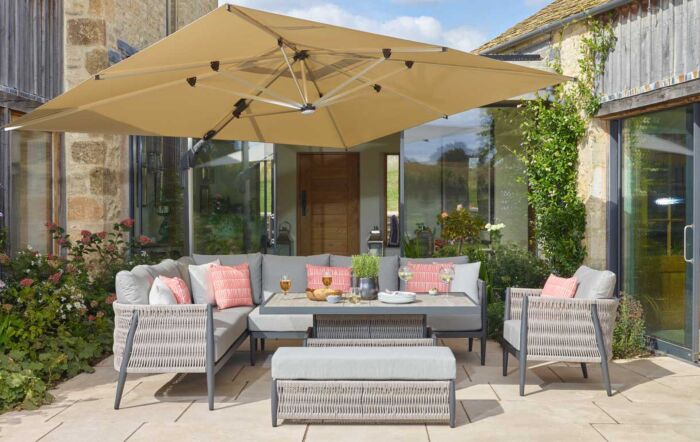 Bramblecrest Mauritius Large Outdoor Corner Sofa with Armchair and Adjustable Table - Grey