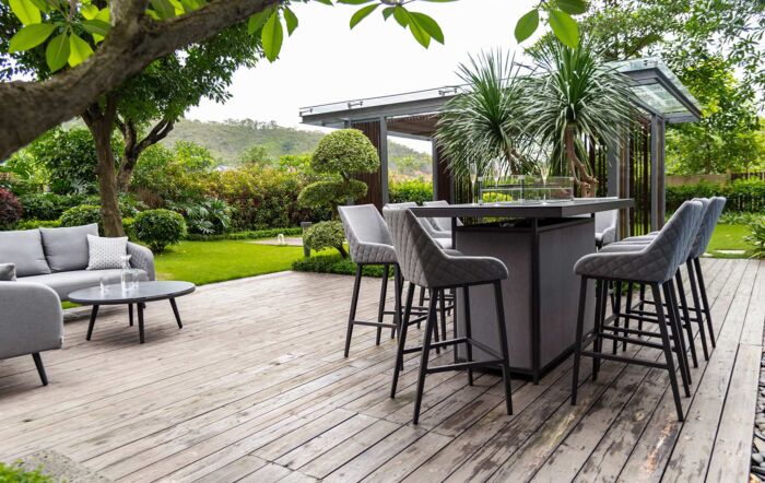 Maze Regal Flanelle Fabric 8 Seat Bar Set With Fire Pit Table 