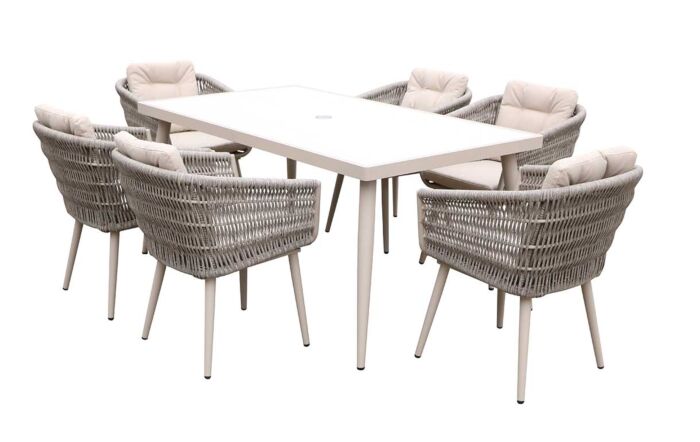 JB Furniture Exclusive Seychelles 6 Seat Rectangle Outdoor Dining Set with Parasol & Base - Latte