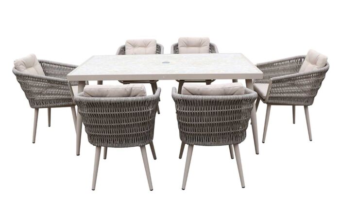 JB Furniture Exclusive Seychelles 6 Seat Rectangle Outdoor Dining Set with Parasol & Base - Latte