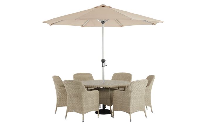 Bramblecrest Tetbury Tree Free Six Seat Round Outdoor Dining Set with Parasol and Base - Nutmeg